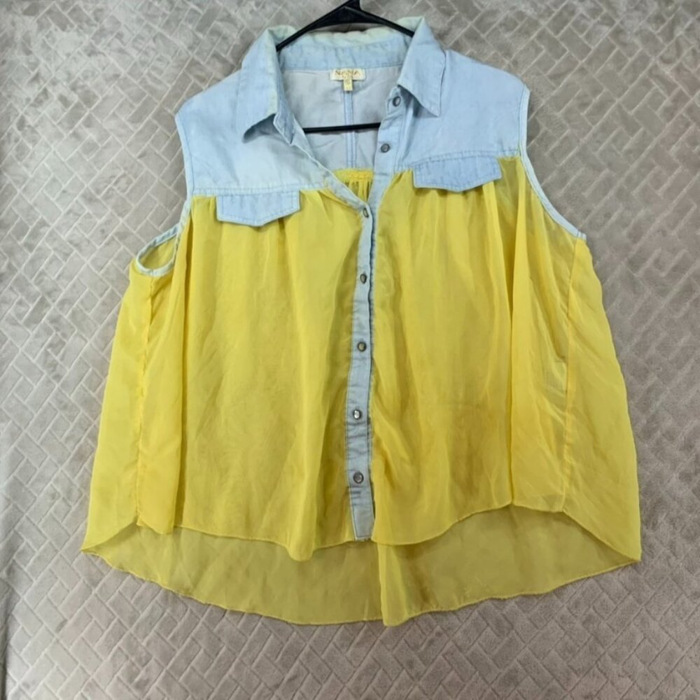 Nana USA Blouse Womens 1XL Yellow Sheer Button Up Sleeveless Western Flowy Boho